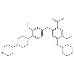 2-Pyrazinecarboxamide, 6-ethyl-3-[[3-methoxy-4-[4-(1-piperazinyl)-1-piperidinyl]phenyl]amino]-5-[(tetrahydro-2H-pyran-4-yl)amino]- structure, CAS 1373410-40-2