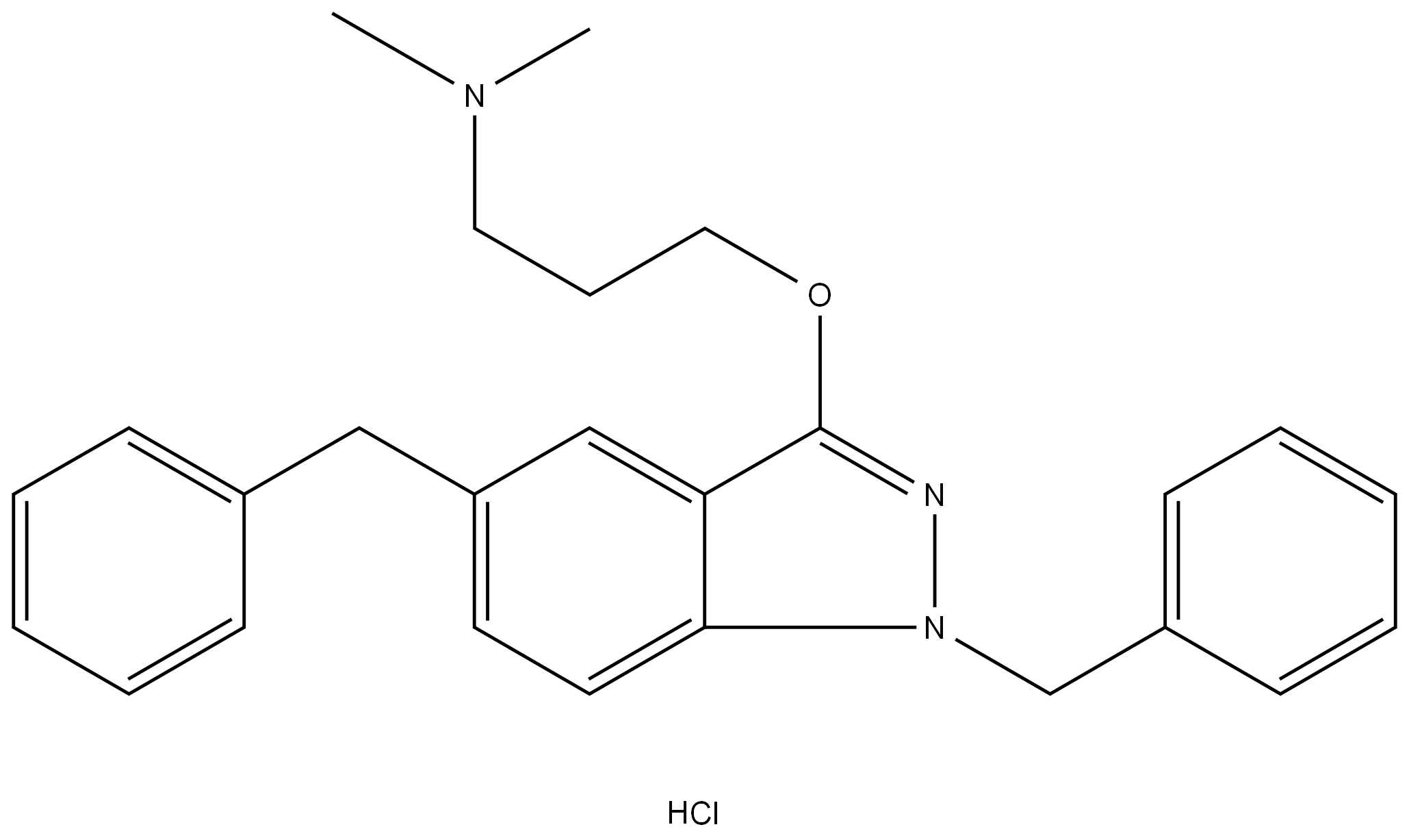 1-Propanamine, 3-[[1,5-bis(phenylmethyl)-1H-indazol-3-yl]oxy]-N,N-dimethyl-, hydrochloride (1:1) structure, CAS 2196183-71-6