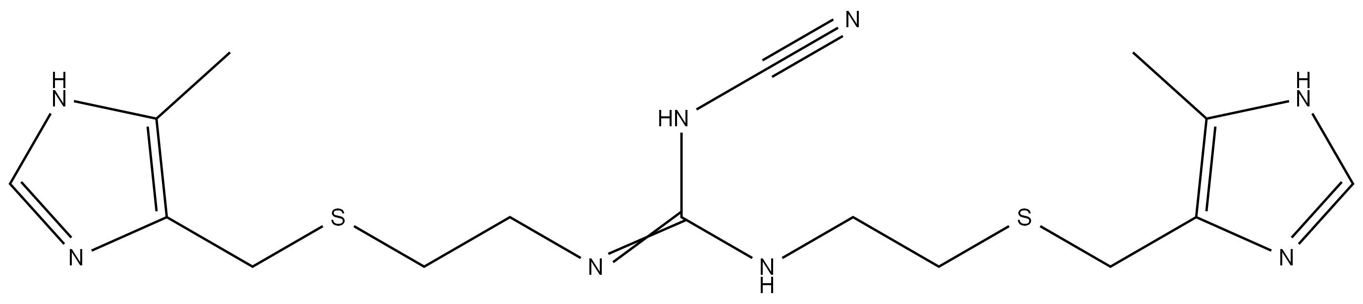 2-cyano-1,3-bis(2-(((5-methyl-1H-imidazol-4-yl)methyl)thio)ethyl)guanidine structure, CAS 55272-86-1
