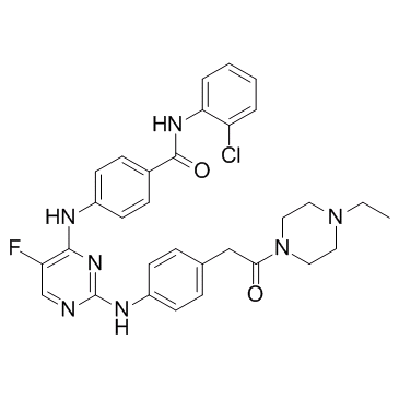 N-(2-CHLOROPHENYL)-4-((2-((4-(2-(4-ETHYLPIPERAZIN-1-YL)-2-OXOETHYL)PHENYL)AMINO)-5-FLUOROPYRIMIDIN-4-YL)AMINO)BENZAMIDE structure, CAS 1158838-45-9