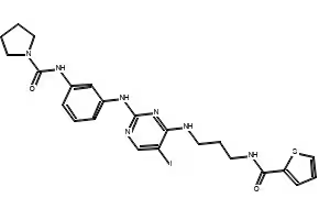 N-(3-(5-Bromo-4-(3-(thiophene-2-carboxamido)propylamino)pyrimidin-2-ylamino)phenyl)pyrrolidine-1-carboxamide structure, CAS 702675-42-1