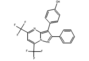 5,7-Bis(trifluoromethyl)-3-cyano-2-(methylthio)pyrazolo[1,5-a]pyrimidine structure, CAS 174842-48-9