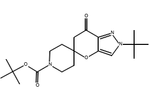 tert-butyl2'-tert-butyl-7'-oxo-6',7'-dihydro-2'H-spiro[piperidine-4,5'-pyrano[3,2-c]pyrazole]-1-carboxylate structure, CAS 1197815-67-0