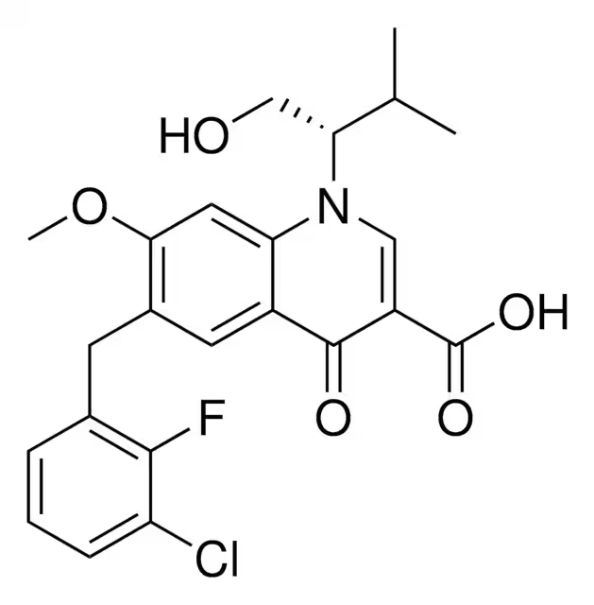 (S)-6-(3-CHLORO-2-FLUOROBENZYL)-1-(1-HYDROXY-3-METHYLBUTAN-2-YL)-7-METHOXY-4-OXO-1,4-DIHYDROQUINOLINE-3-CARBOXYLIC ACID structure, CAS 697761-98-1