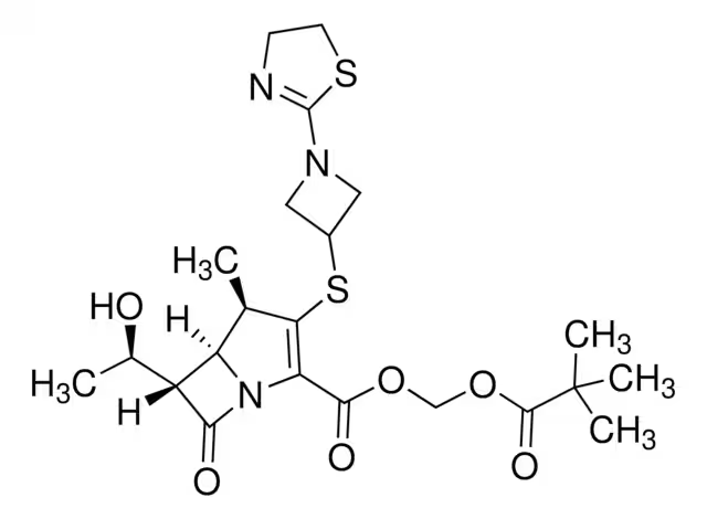 (1R,5S,6S)-6-[1(R)-Hydroxyethyl]-1-methyl-2-[1-(2-thiazolin-2-yl)azetidin-3-ylsulfanyl]-1-carba-2-penem-3-carboxylic acid pivaloyloxymethyl ester structure, CAS 161715-24-8