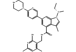 N-((4,6-dimethyl-2-oxo-1,2-dihydropyridin-3-yl)methyl)-1-isopropyl-3-methyl-6-(6-(4-methylpiperazin-1-yl)pyridin-3-yl)-1H-indole-4-carboxamide structure, CAS 1346572-63-1