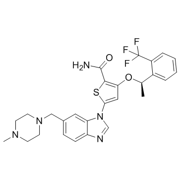 5-[6-[(4-METHYL-1-PIPERAZINYL)METHYL]-1H-BENZIMIDAZOL-1-YL]-3-[(1R)-1-[2-(TRIFLUOROMETHYL)PHENYL]ETHOXY]-2-THIOPHENECARBOXAMIDE structure, CAS 929095-18-1