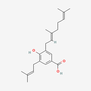 5-geranyl-4-hydroxy-5-(3'-methyl-2'-butenyl)-benzoic acid structure, CAS 135743-12-3