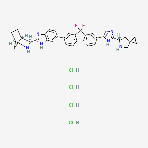 (6S)-6-[5-[7-[2-(1R,3S,4S)-2-Azabicyclo[2.2.1]hept-3-yl-1H-benzimidazol-6-yl]-9,9-difluoro-9H-fluoren-2-yl]-1H-imidazol-2-yl]-5-azaspiro[2.4]heptane hydrochloride (1:4) structure, CAS 1499193-67-7