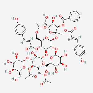 a-D-Glucopyranoside,3-O-benzoyl-1-O-[(2E)-3-(4-hydroxyphenyl)-1-oxo-2-propenyl]-b-D-fructofuranosyl O-b-D-glucopyranosyl-(1(R)2)-O-[O-b-D-glucopyranosyl-(1(R)3)-4,6-di-O-acetyl-b-D-glucopyranosyl-(1(R)3)]-, 6-acetate4-[(2E)-3-(4-hydroxyphenyl)-2-propenoate] structure, CAS 147742-13-0