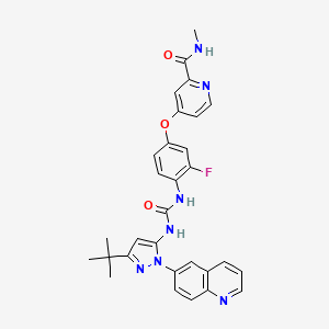 N-[3-tert-Butyl-1-(quinolin-6-yl)-1H-pyrazol-5-yl]-N'-[2-fluoro-4-[(2-(methylcarbamoyl)pyridin-4-yl)oxy]phenyl]urea structure, CAS 1020172-07-9
