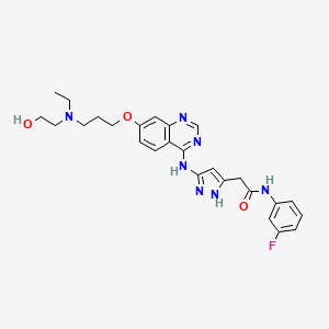 1H-Pyrazole-3-acetamide, 5-[[7-[3-[ethyl(2-hydroxyethyl)amino]propoxy]-4-quinazolinyl]amino]-N-(3-fluorophenyl)- structure, CAS 722544-51-6