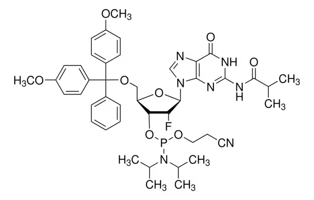 5'-O-DMT-2'-Fluoro-N2-isobutyryl-2'-deoxyguanosine 3'-CE phosphoramidite structure, CAS 144089-97-4