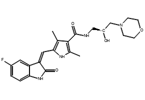 5-[(Z)-(5-Fluoro-1,2-dihydro-2-oxo-3H-indol-3-ylidene)methyl]-N-[(2S)-2-hydroxy-3-(4-morpholinyl)propyl]-2,4-dimethyl-1H-pyrrole-3-carboxamide (2Z)-2-butenedioate structure, CAS 849643-15-8