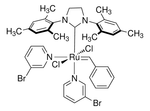 [1,3-Bis(2,4,6-trimethylphenyl)-2-imidazolidinylidene]dichloro(benzylidene)bis(3-bromopyridine)ruthenium(II) structure, CAS 900169-53-1