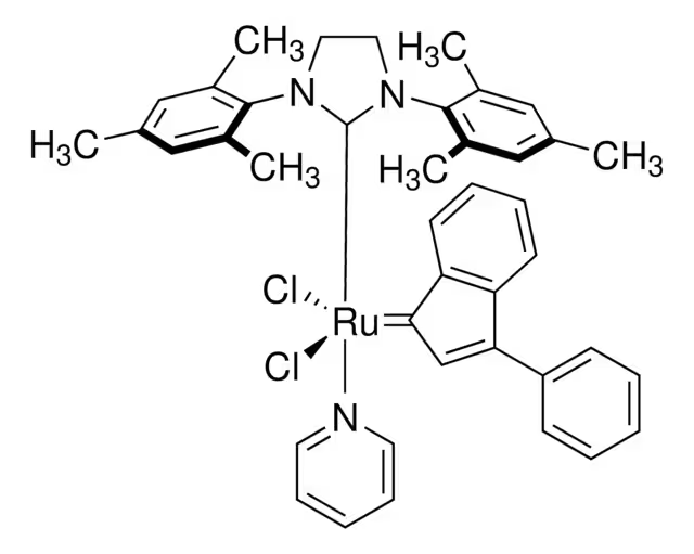 [1,3-Bis(2,4,6-trimethylphenyl)-2-imidazolidinylidene]dichloro-(3-phenyl-1H-inden-1-ylidene)(pyridyl)ruthenium(II) structure, CAS 1031262-76-6