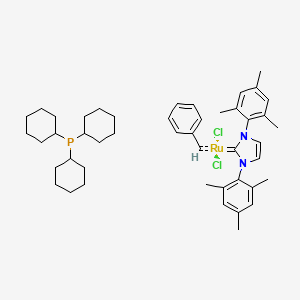 Ruthenium, dichloro[1,3-dihydro-1,3-bis(2,4,6-trimethylphenyl)-2H-imidazol-2-ylidene](phenylmethylene)(tricyclohexylphosphine)-, (SP-5-41)- structure, CAS 223415-64-3