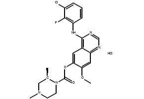 (R)-4-((3-chloro-2-fluorophenyl)amino)-7-methoxyquinazolin-6-yl 2,4-dimethylpiperazine-1-carboxylate hydrochloride salt structure, CAS 1626387-81-2