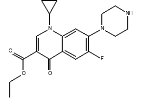 3-Quinolinecarboxylic acid, 1-cyclopropyl-6-fluoro-1,4-dihydro-4-oxo-7-(1-piperazinyl)-, ethyl ester structure, CAS 105404-65-7