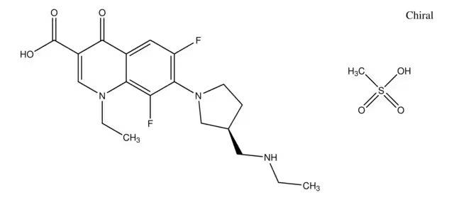 3-Quinolinecarboxylic acid, 1-cyclopropyl-6,8-difluoro-1,4-dihydro-7-(3-Methyl-1-piperazinyl)-4-oxo-, ethyl ester structure, CAS 103460-87-3