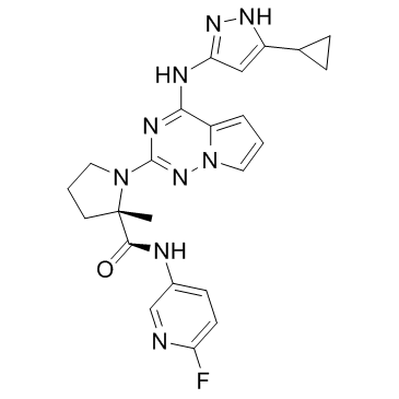 (2S)-1-[4-[(5-Cyclopropyl-1h-pyrazol-3-yl)amino]pyrrolo[2,1-f][1,2,4]triazin-2-yl]-N-(6-fluoro-3-pyridyl)-2-methyl-pyrrolidine-2-carboxamide structure, CAS 1001350-96-4