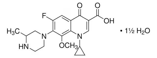 1-Cyclopropyl-6-6-fluoro-1,4-dihydro-8-methoxy-7-(3-methylpiperazin-1-yl)-4-oxo-3-quinolinecarboxylic acid structure, CAS 180200-66-2