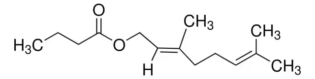 Geranyl butyrate structure, CAS 106-29-6