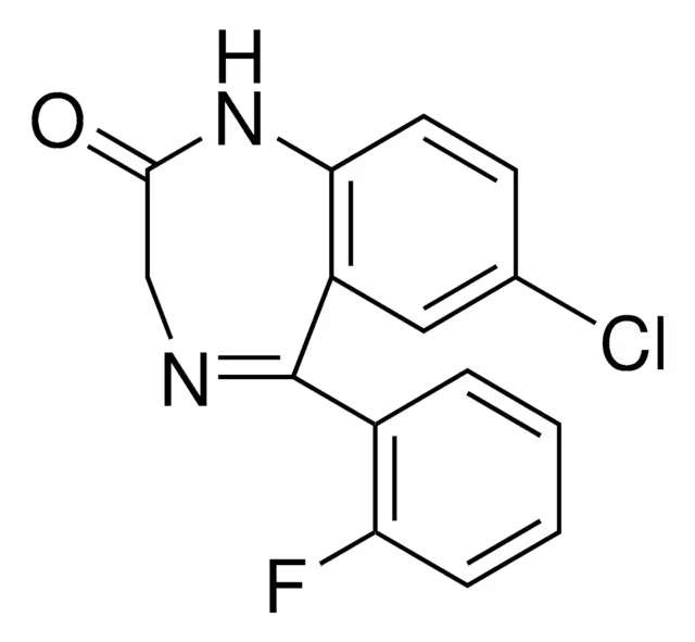 7-Chloro-5-(2-fluorophenyl)-1,3-dihydro-1,4-benzodiazepin-2-one structure, CAS 2886-65-9