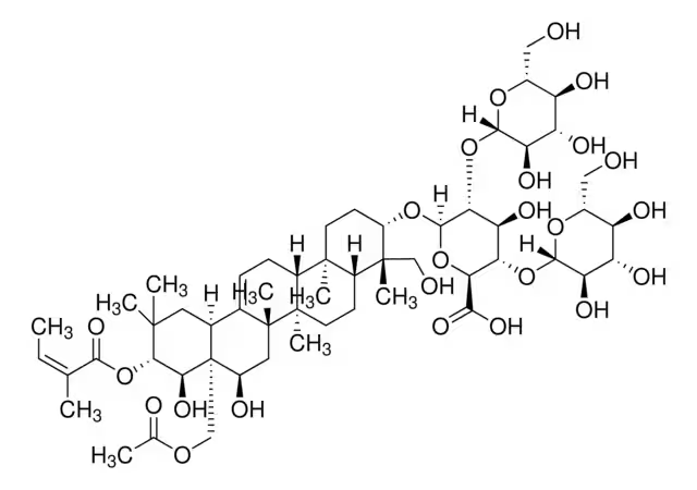 (3beta,4beta,16alpha,21beta,22alpha)-28-(Acetyloxy)-16,22,23-trihydroxy-21-[[(2Z)-2-methyl-1-oxo-2-buten-1-yl]oxy]olean-12-en-3-yl O-beta-D-glucopyranosyl-(1-2)-O-[beta-D-glucopyranosyl-(1-4)]-beta-D-glucopyranosiduronic acid structure, CAS 219944-46-4