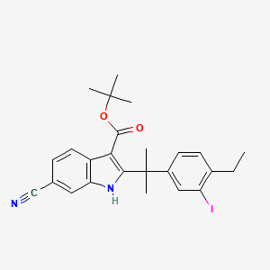 ert-butyl 6-cyano-2-(2-(4-ethyl-3-iodophenyl)propan-2-yl)-1H-indole-3-carboxylate structure, CAS 1256584-75-4