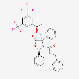3-Oxazolidinecarboxylic acid, 4-[[(1R)-1-[3,5-bis(trifluoromethyl)phenyl]ethoxy]methyl]-5-oxo-2,4-diphenyl-, phenylmethyl ester, (2R,4S)- structure, CAS 530441-36-2