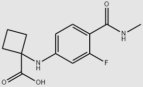 1-((3-fluoro-4-(methylcarbamoyl)phenyl)amino)cyclobutanecarboxylic acid structure, CAS 2227589-22-0