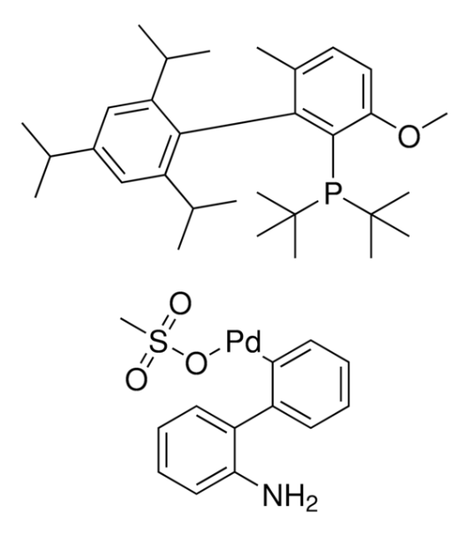 METHANESULFONATO(2-(DI-T-BUTYLPHOSPHINO)-3-METHOXY-6-METHYL-2',4',6'-TRI-I-PROPYL-1,1'-BIPHENYL)(2'-AMINO-1,1'-BIPHENYL-2-YL)PALLADIUM(II),MIN.98%[ROCKPHOSPALLADACYCLEGEN.3] structure, CAS 2009020-38-4