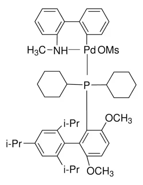 Methanesulfonato(2-dicyclohexylphosphino-3,6-dimethoxy-2',4',6'-tri-i-propyl-1,1'-biphenyl)(2'-methylamino-1,1'-biphenyl-2-yl)palladium(II) structure, CAS 1599466-83-7