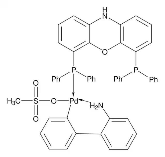 Methanesulfonato[4,6-bis(diphenylphosphino)phenoxazine](2'-amino-1,1'-biphenyl-2-yl)palladium(II), 98% [NiXantphos Palladacycle Gen. 3] structure, CAS 1602922-03-1