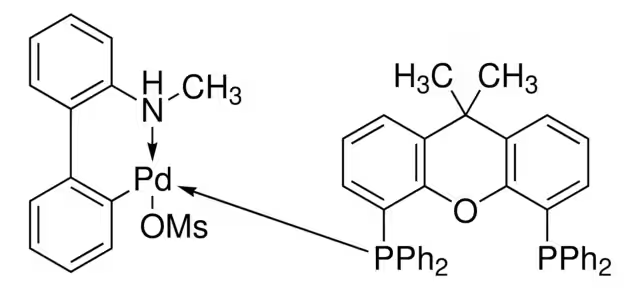 Methanesulfonato[4,5-Bis(diphenylphosphino)-9,9-dimethylxanthene](2'-methylamino-1,1'-biphenyl-2-yl)palladium(II) structure, CAS 1621274-19-8