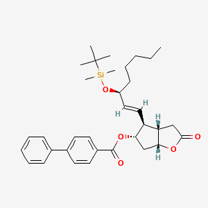 [1,1'-Biphenyl]-4-carboxylic acid, 4-[3-[[(1,1-diMethylethyl)diMethylsilyl]oxy]-1-octenyl]hexahydro-2-oxo-2H -cyclopenta[b]furan-5-yl ester, [3aR-[3aa,4a(1E,3S*),5b,6aa]]- structure, CAS 137624-47-6