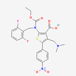 2-((2,6-difluorobenzyl)(ethoxycarbonyl)amino)-4-((dimethylamino)methyl)-5-(4-nitrophenyl)thiophene-3-carboxylic acid structure, CAS 1589503-95-6
