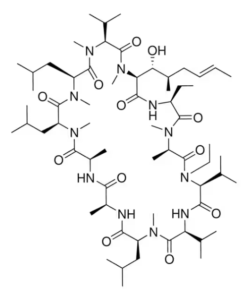 Cyclo[L-alanyl-D-alanyl-N-methyl-L-leucyl-N-methyl-L-leucyl-N-methyl-L-valyl-(2S,3R,4R,6E)-3-hydroxy-4-methyl-2-(methylamino)-6-octenoyl-(2S)-2-aminobutanoyl-N-methyl-D-alanyl-(3R)-4-[4-(2-methoxyethyl)-1-piperazinyl]-N-methyl-L-valyl-L-valyl-N-methyl-L-leucyl] structure, CAS 1589093-01-5