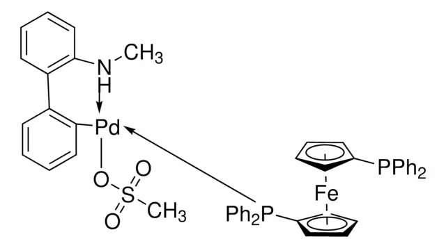 Methanesulfonato(1,1-Bis(diphenylphosphino)ferrocene)(2'-methylamino-1,1'-biphenyl-2-yl)palladium(II) structure, CAS 1621274-17-6