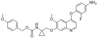 Carbamic acid, N-[1-[[[4-(4-amino-2-fluorophenoxy)-6-methoxy-7-quinolinyl]oxy]methyl]cyclopropyl]-, (4-methoxyphenyl)methyl ester structure, CAS 1363402-39-4