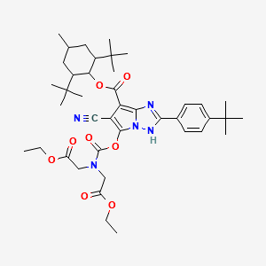 1H-pyrrolo[1,2-b][1,2,4]triazole-7-carboxylic acid, 5-[[[bis(2-ethoxy-2-oxoethyl)amino]carbonyl]oxy]-6-cyano-2-[4-(1,1-dimethylethyl)phenyl]-2,6-bis(1,1-dimethylethyl)-4-methylcyclohexyl ester structure, CAS 444065-11-6