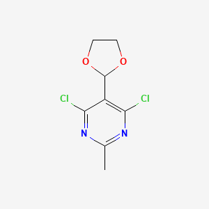 Pyrimidine, 4,6-dichloro-5-(1,3-dioxolan-2-yl)-2-methyl- structure, CAS 2359690-91-6