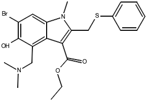 1H-Indole-3-carboxylicacid,6-bromo-4-[(dimethylamino)methyl]-5-hydroxy-1-methyl-2-[(phenylthio)methyl]-,ethyl ester, hydrochloride, hydrate (1:1:1) structure, CAS 868364-57-2
