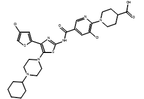 4-Piperidinecarboxylic acid, 1-[3-chloro-5-[[[4-(4-chloro-2-thienyl)-2-thiazolyl]amino]carbonyl]-2-pyridinyl]-, ethyl ester structure, CAS 832087-95-3