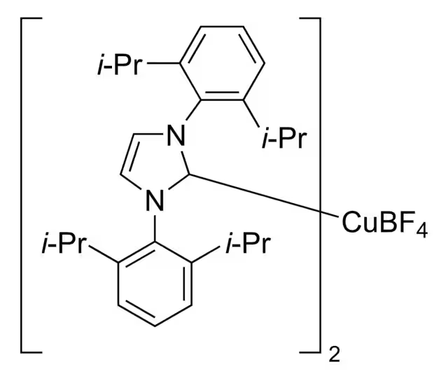 Bis(1,3-bis(2,6-diisopropylphenyl)imidazol-2-ylidene)copper(I) tetrafluoroborate structure, CAS 886061-48-9
