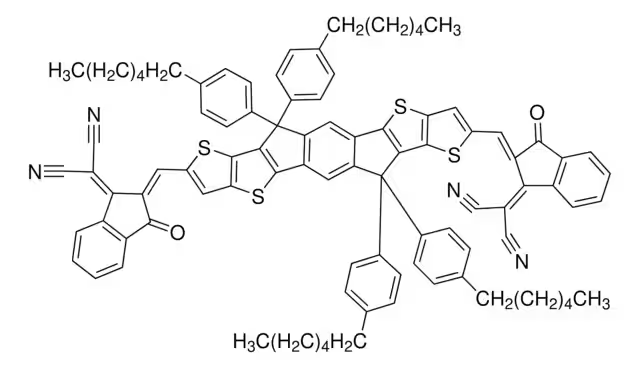 2,2'-[[6,6,12,12-tetrakis(4-hexylphenyl)-s-indacenodithieno[3,2-b]thiophene]methylidyne(3-oxo-1H-indene-2,1(3H)-diylidene)]]bis(propanedinitrile) structure, CAS 1664293-06-4