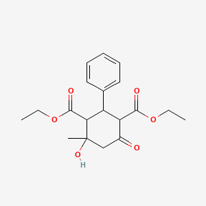 diethyl 4-hydroxy-4-Methyl-6-oxo-2-phenylcyclohexane-1,3-dicarboxylate structure, CAS 17572-39-3