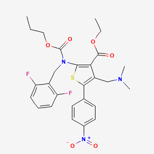 3-Thiophenecarboxylic acid, 2-[[(2,6-difluorophenyl)methyl](propoxycarbonyl)amino]-4-[(dimethylamino)methyl]-5-(4-nitrophenyl)-, ethyl ester structure, CAS 2591260-08-9