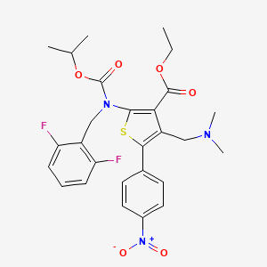 3-Thiophenecarboxylic acid, 2-[[(2,6-difluorophenyl)methyl][(1-methylethoxy)carbonyl]amino]-4-[(dimethylamino)methyl]-5-(4-nitrophenyl)-, ethyl ester structure, CAS 2636079-27-9